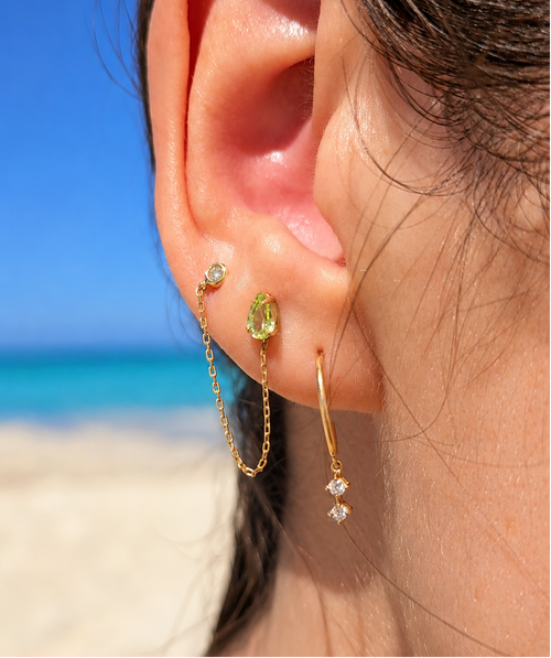 Peridot Drop Connector Náušnice s Diamantem|Materiál:18k žluté zlato